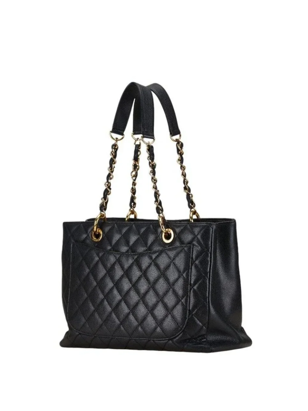 Chanel Quilted CC Logo Tote Shoulder Bag Black Caviar Leather